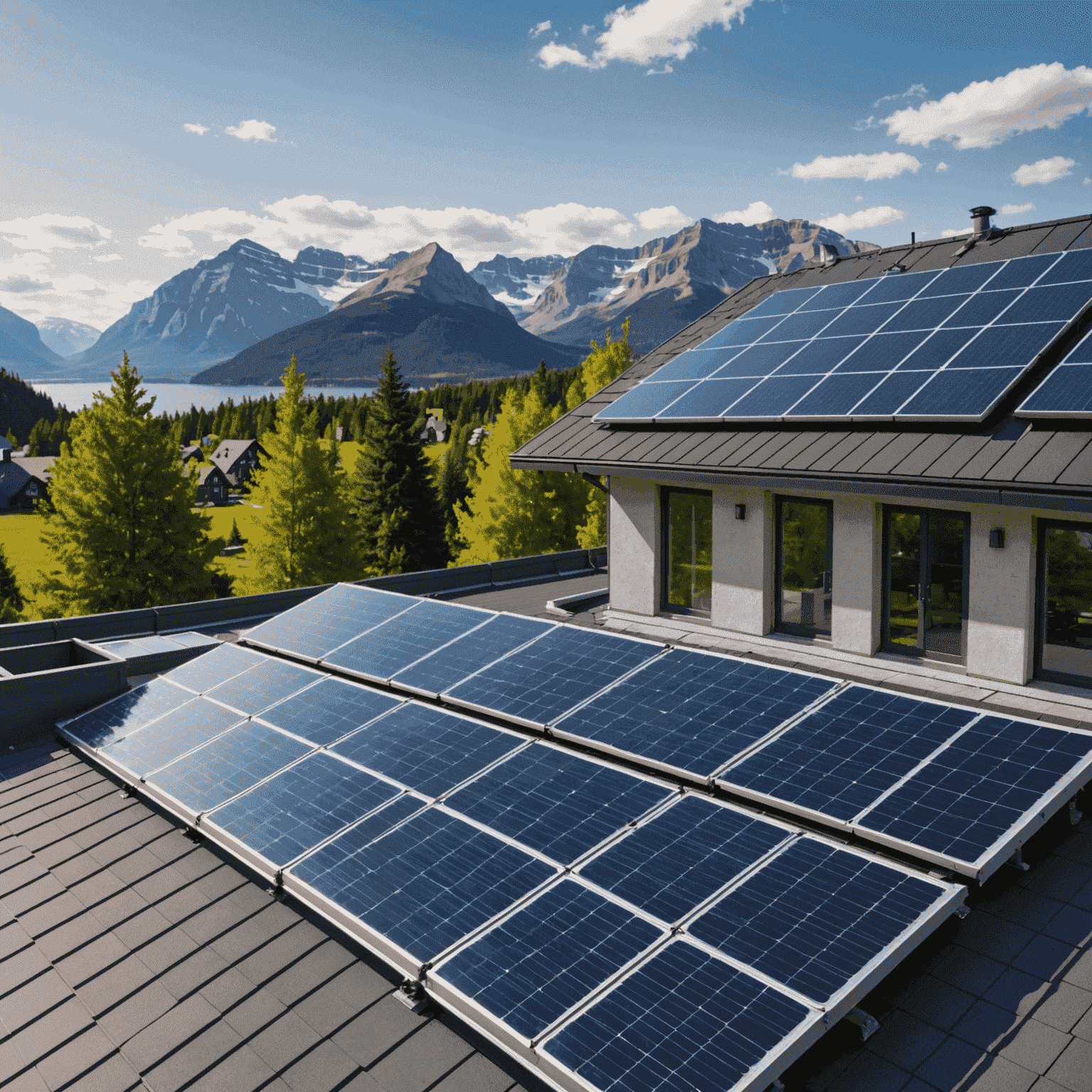 Solar panels on a rooftop with Canadian landscape in the background, showcasing innovative designs and high efficiency cells