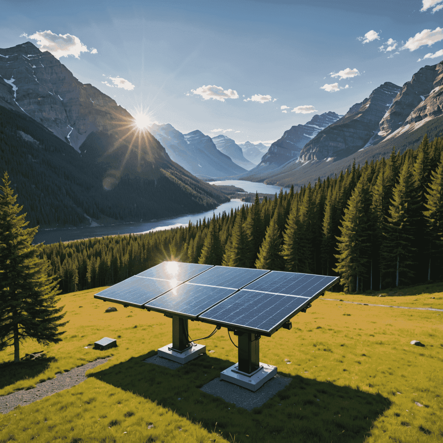 Innovative solar panel array with advanced tracking system, set against a Canadian landscape with mountains and forests