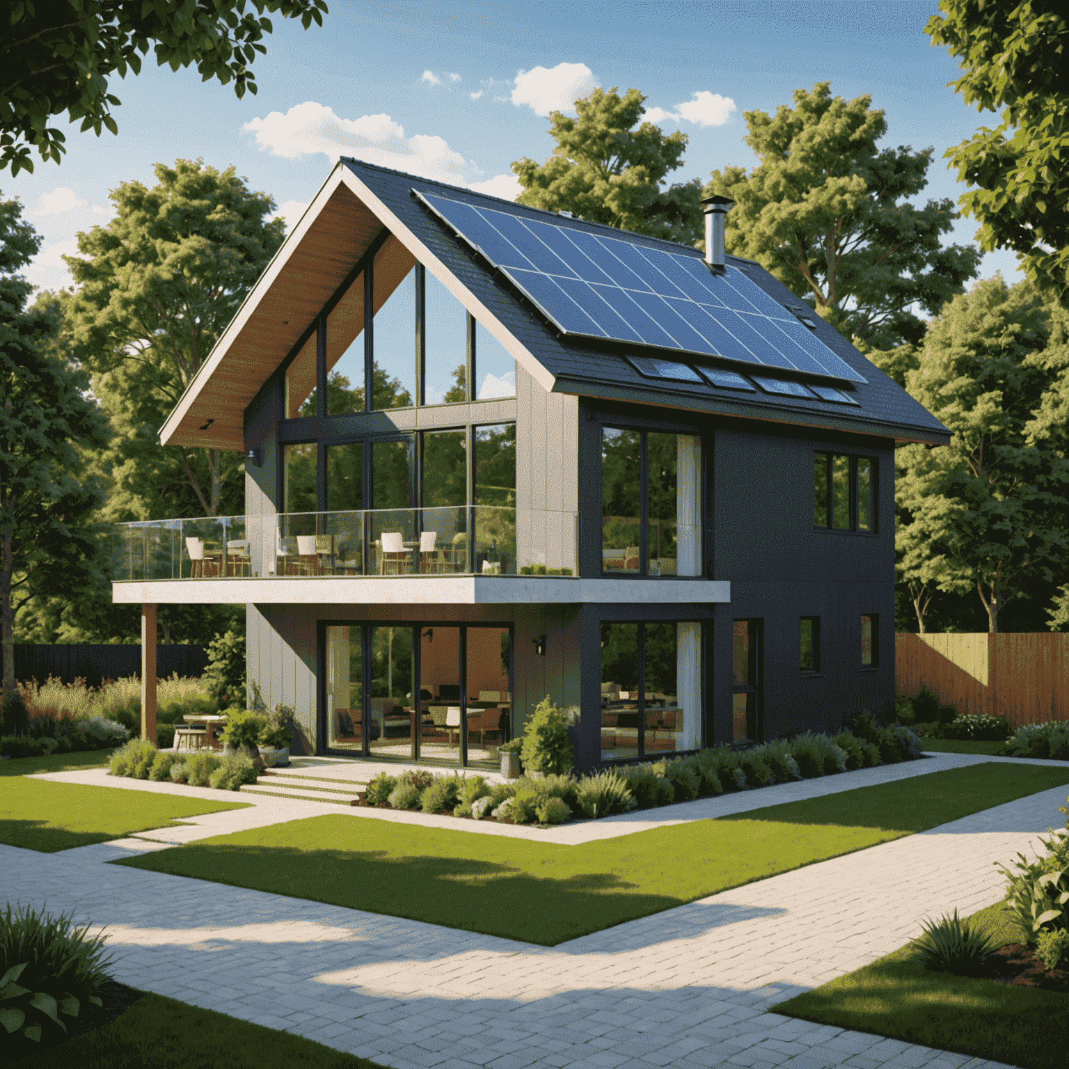 A modern smart home with solar panels on the roof and a windmill in the backyard. The house has a sleek design with large windows and is surrounded by lush greenery. A digital display showing energy consumption is visible through one of the windows.