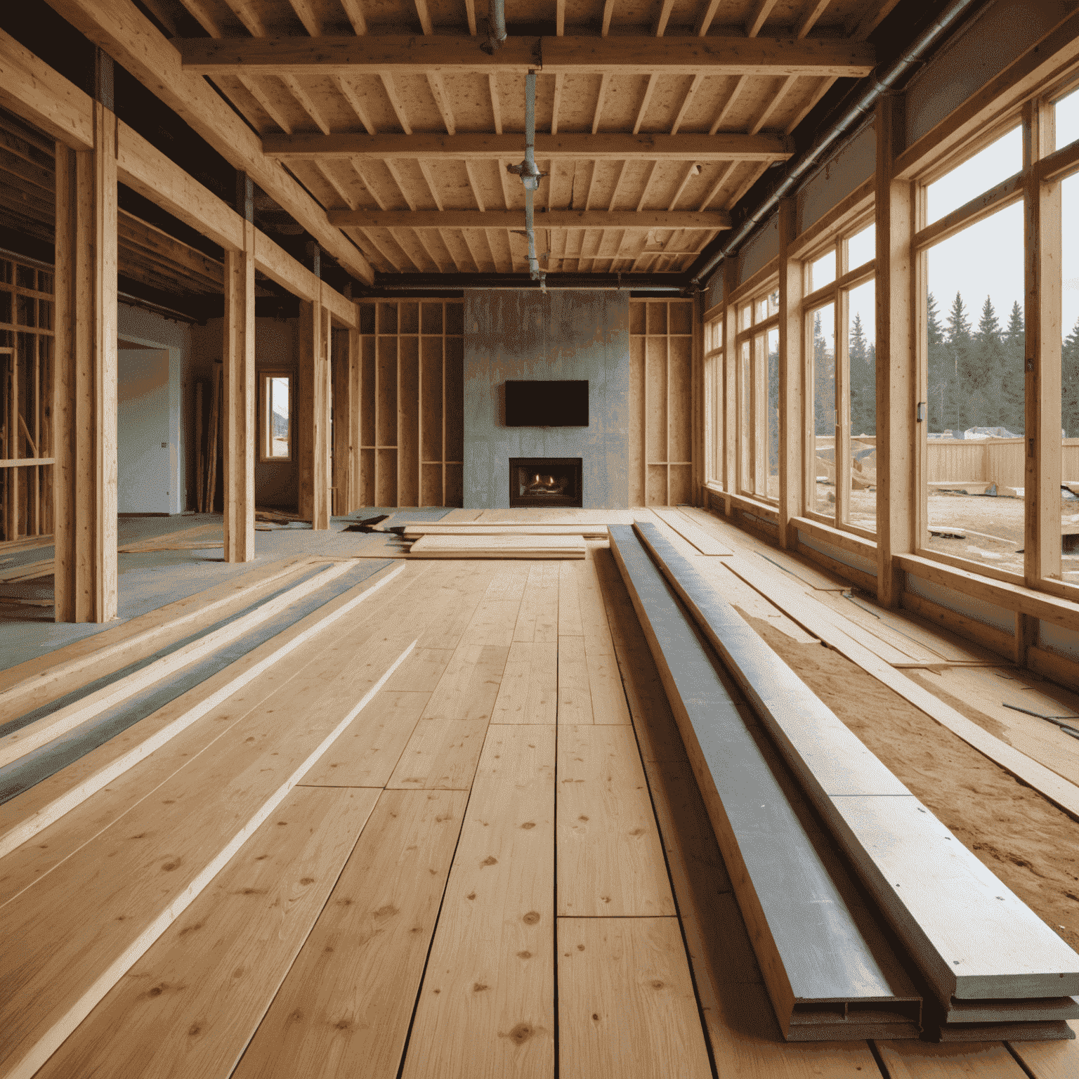 Collage of eco-friendly building materials including bamboo flooring, recycled steel beams, and hemp insulation in a modern Canadian home construction site