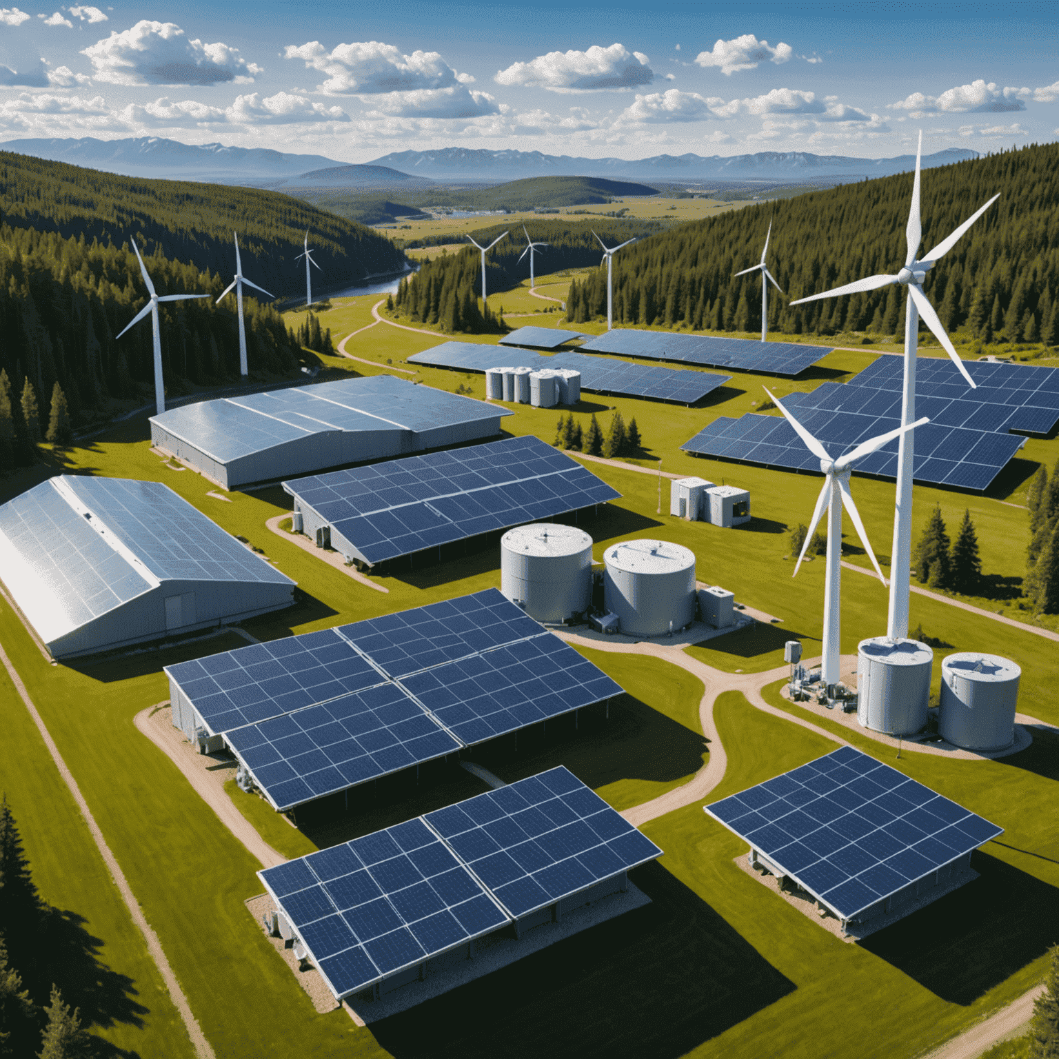 An array of advanced energy storage systems including lithium-ion batteries, pumped hydro storage, and hydrogen fuel cells, set against a backdrop of solar panels and wind turbines in a Canadian landscape