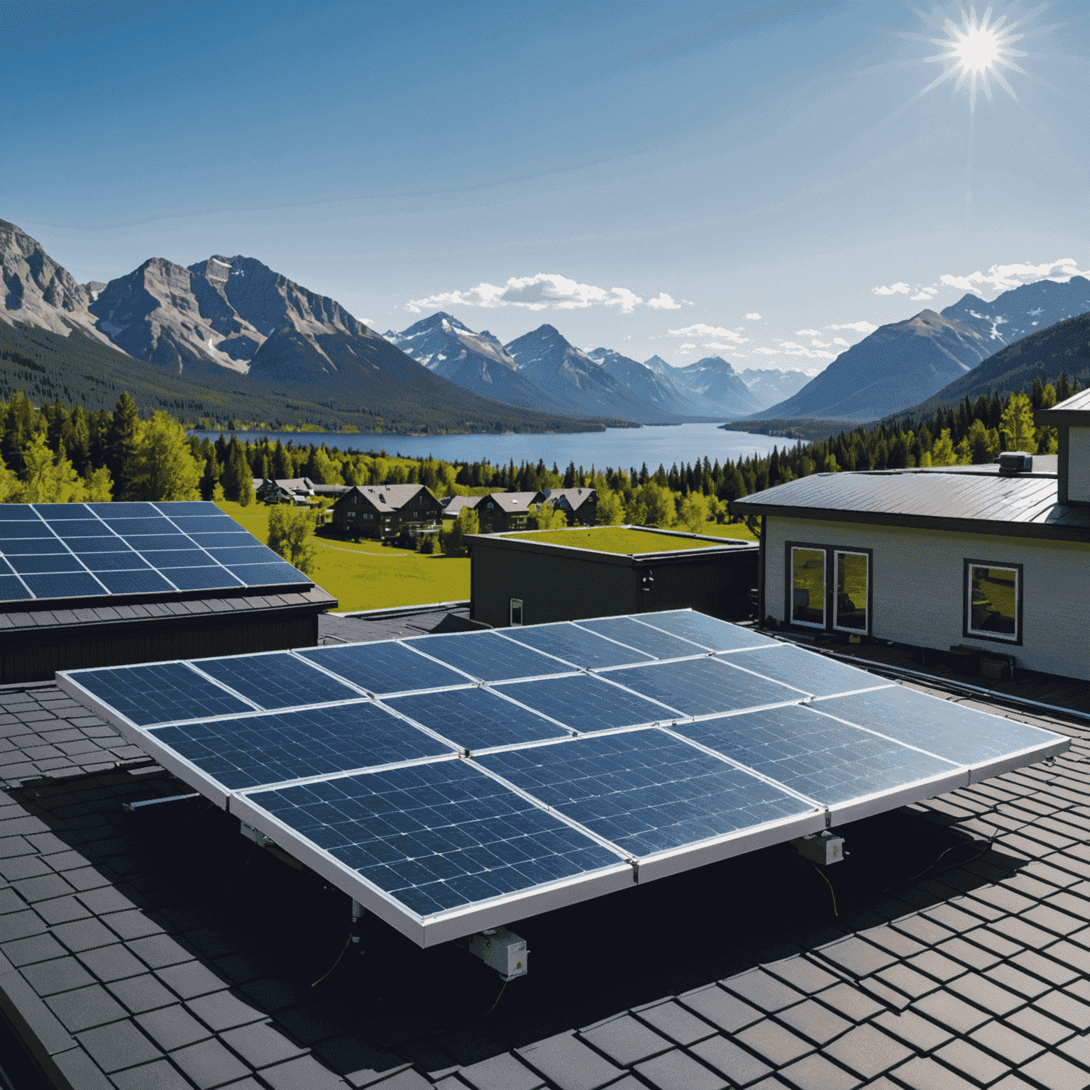 Solar panels on a rooftop with a beautiful Canadian landscape in the background, showcasing innovative solar technology