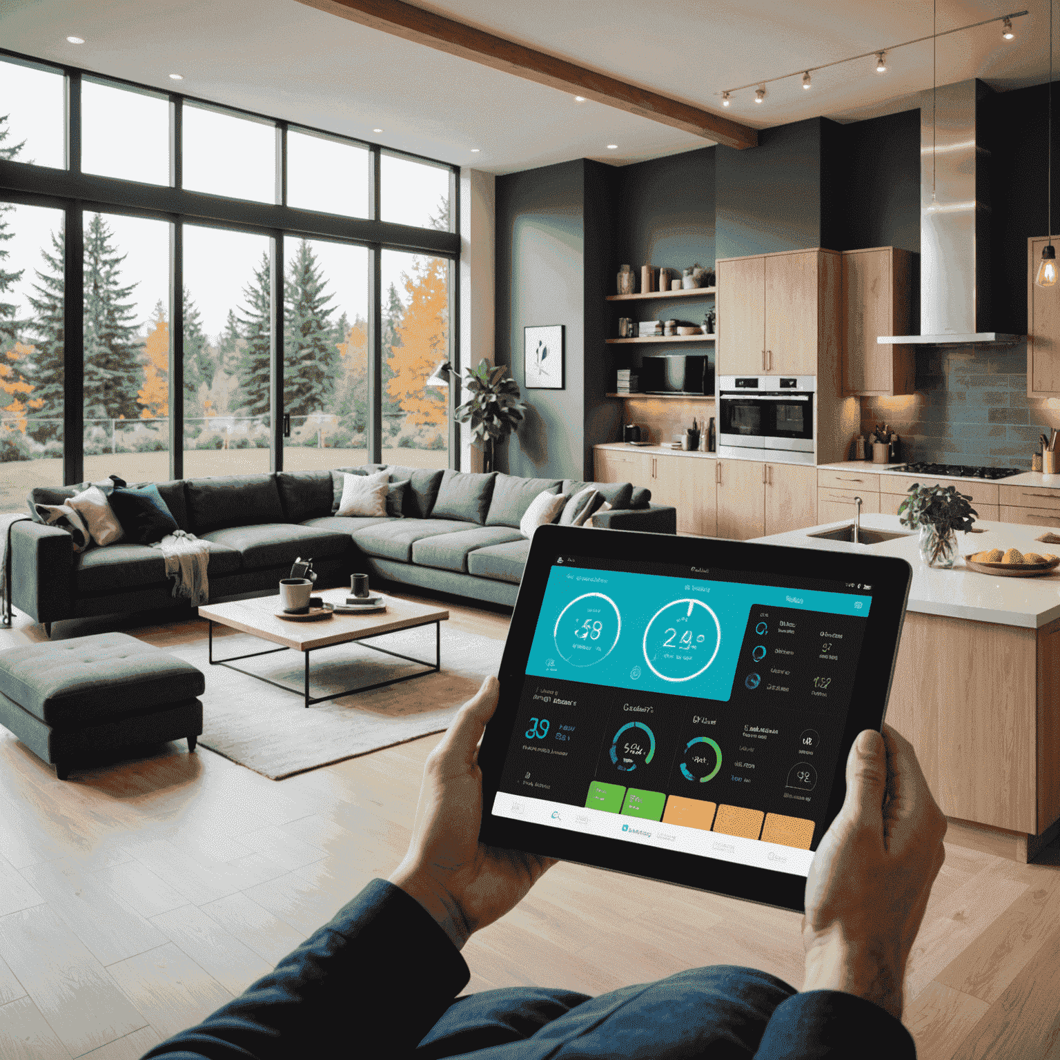 Modern Canadian home with smart devices controlling energy usage, displaying real-time consumption data on a tablet