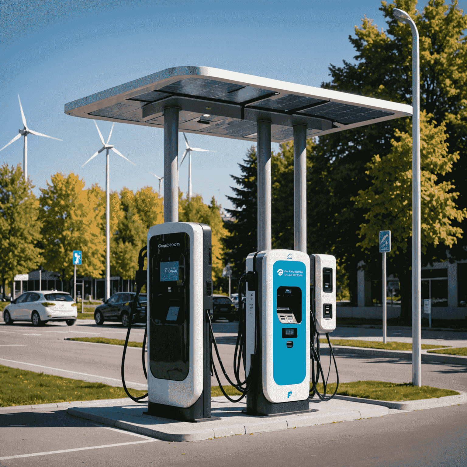 A modern EV charging station in a Canadian urban setting, with sleek design and multiple charging points. The station is powered by visible solar panels and a small wind turbine, emphasizing the use of renewable energy in EV infrastructure.