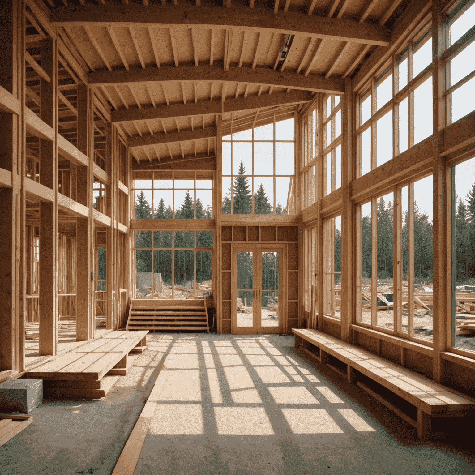 Eco-friendly construction site in Canada using sustainable materials like bamboo, recycled steel, and energy-efficient glass