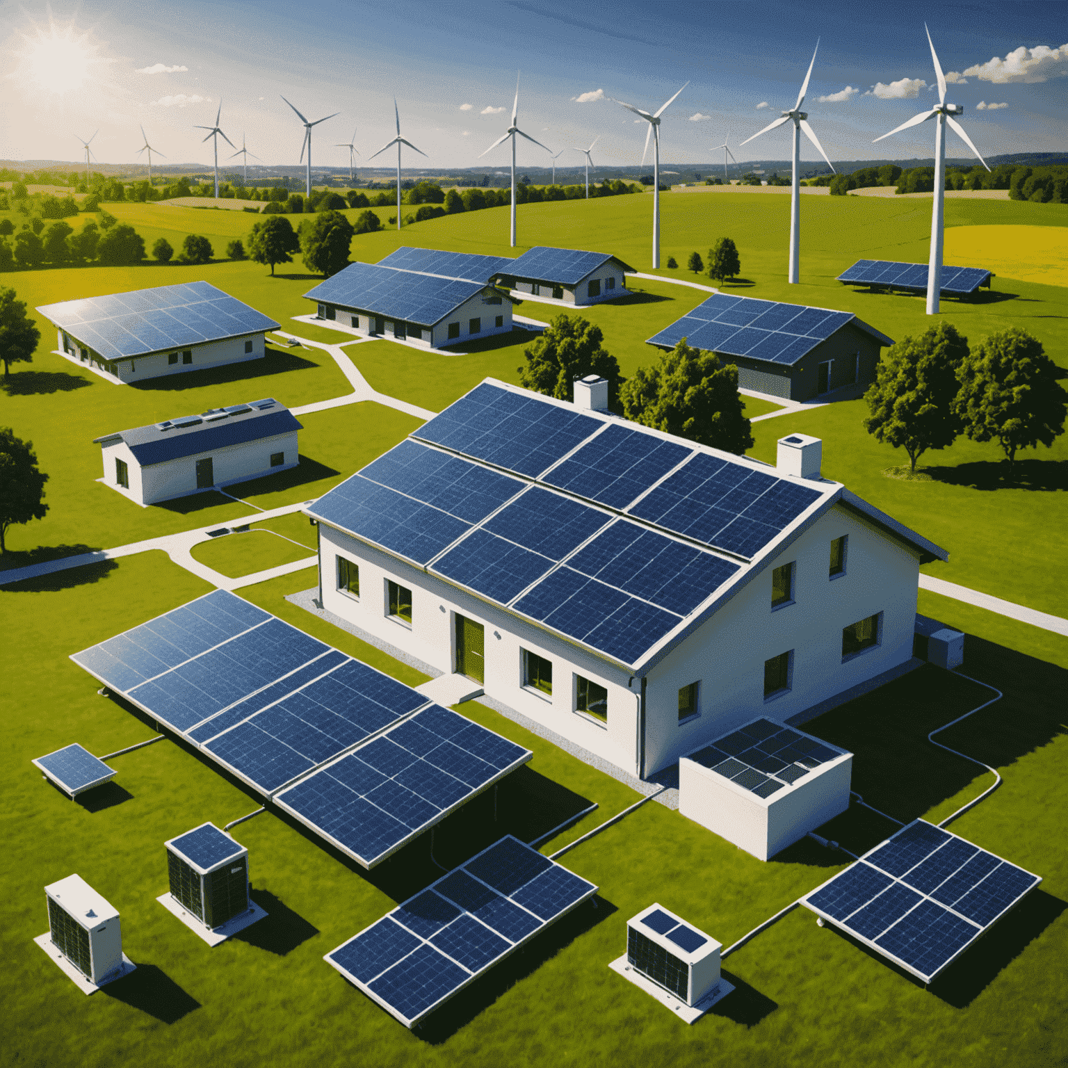 Infographic showing the integration of solar panels with a smart grid system, illustrating energy flow and data exchange