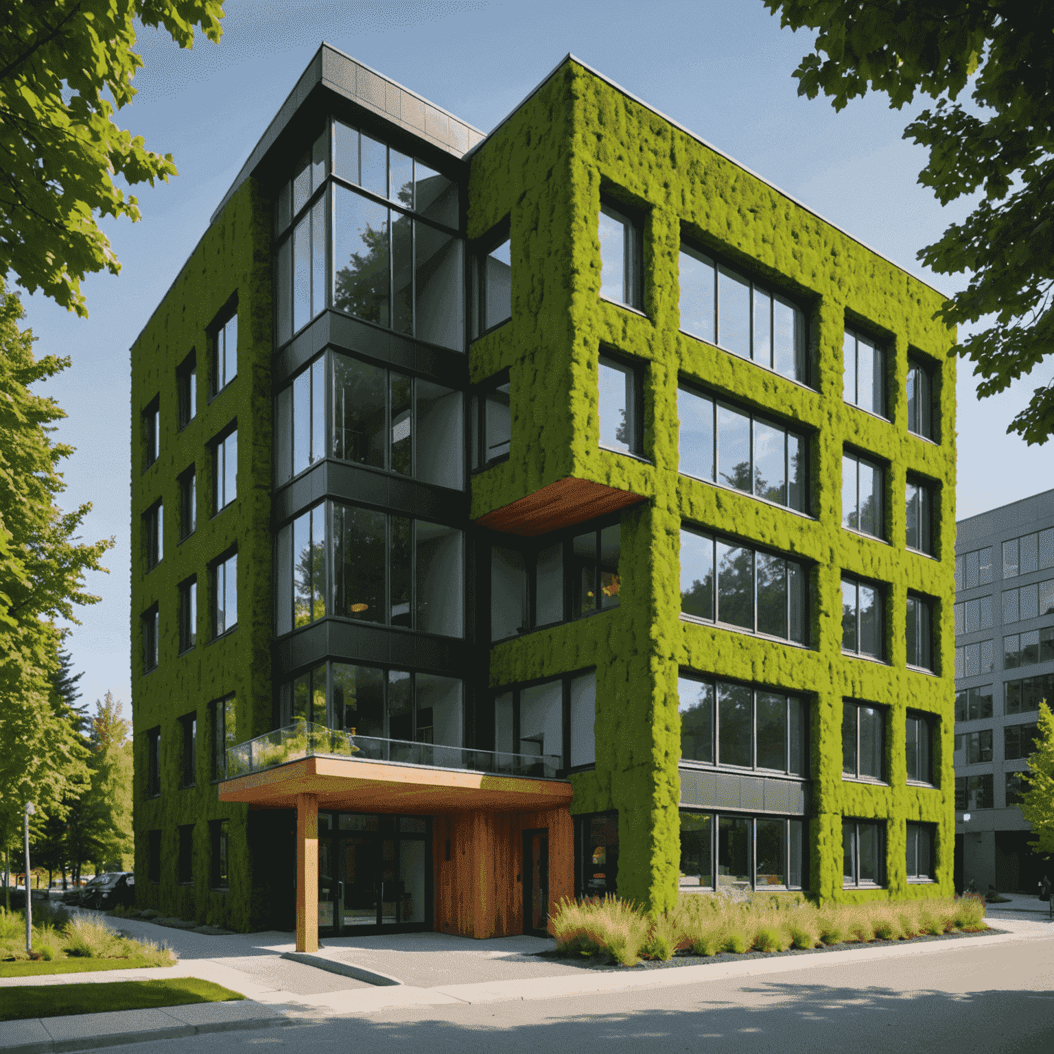 A modern eco-friendly building in Canada showcasing various green building materials and techniques